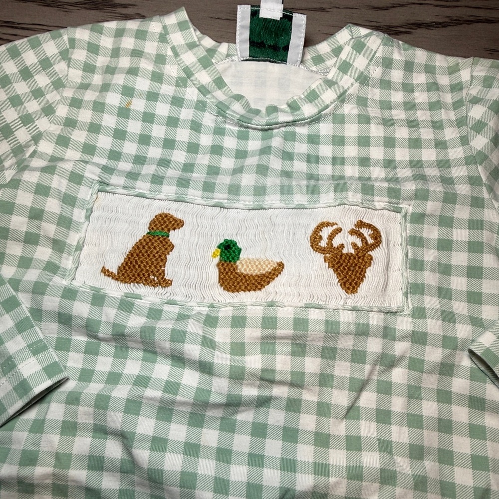 Green Gingham Long Sleeve Shirt with Animal Embroidery